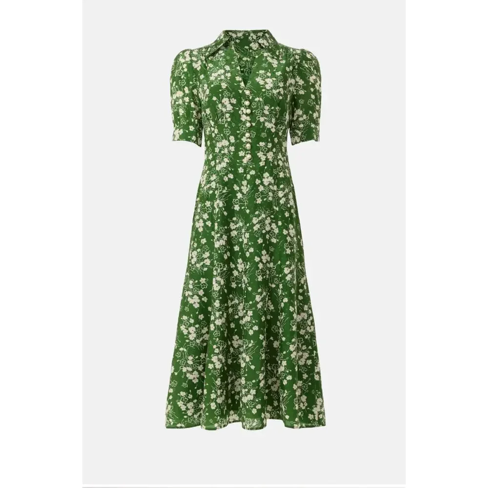 L.K. Bennett Green Floral Midi Shirt Dress SIZE 6 Silk Retro Work Designer $675 - Picture 9 of 13
